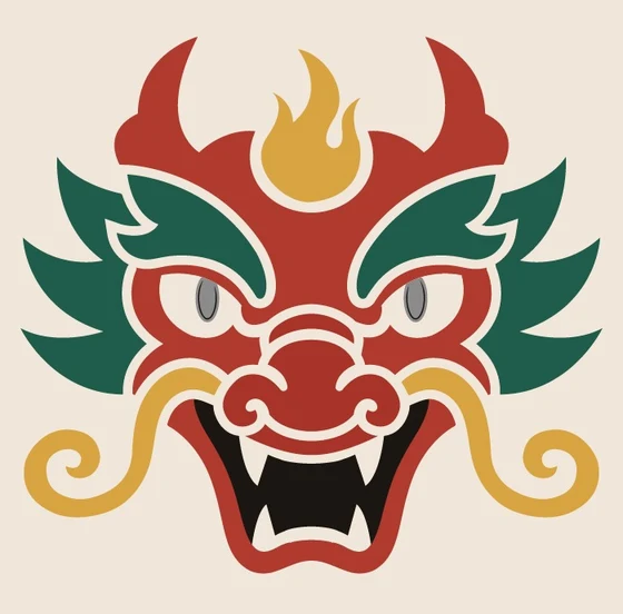 Don Rojo dragon mascot, a red dragon face with green whiskers and a golden flame